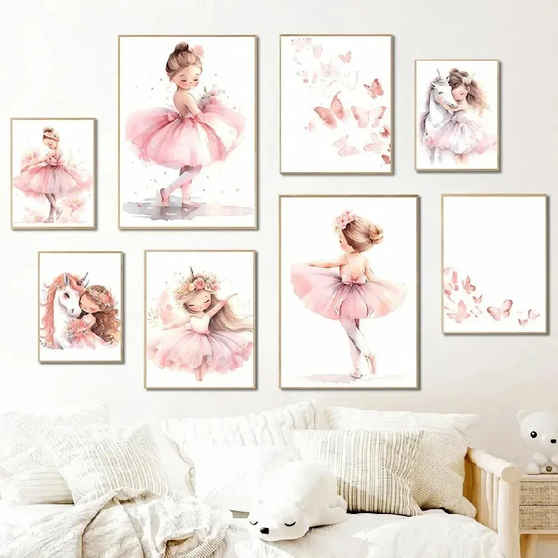 Baby Nursery Decor Girl - Affiche de ballerine rose, licorne, papillon,